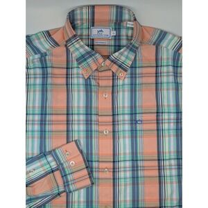 Southern Tide Shirt Men XL Performance Vented Fishing Button Up‎ Orange Plaid LS